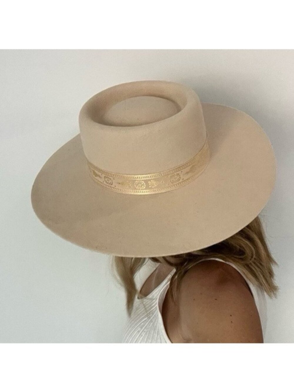 Lack of Color Womens Sierra Boater Hat Wool Wide Brimmed Beige Cowgirl M 7 1/8